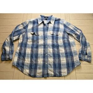 Chaps Women Button Up Linen Blend Blue Plaid Long Sleeve Shirt Top Classic 2X